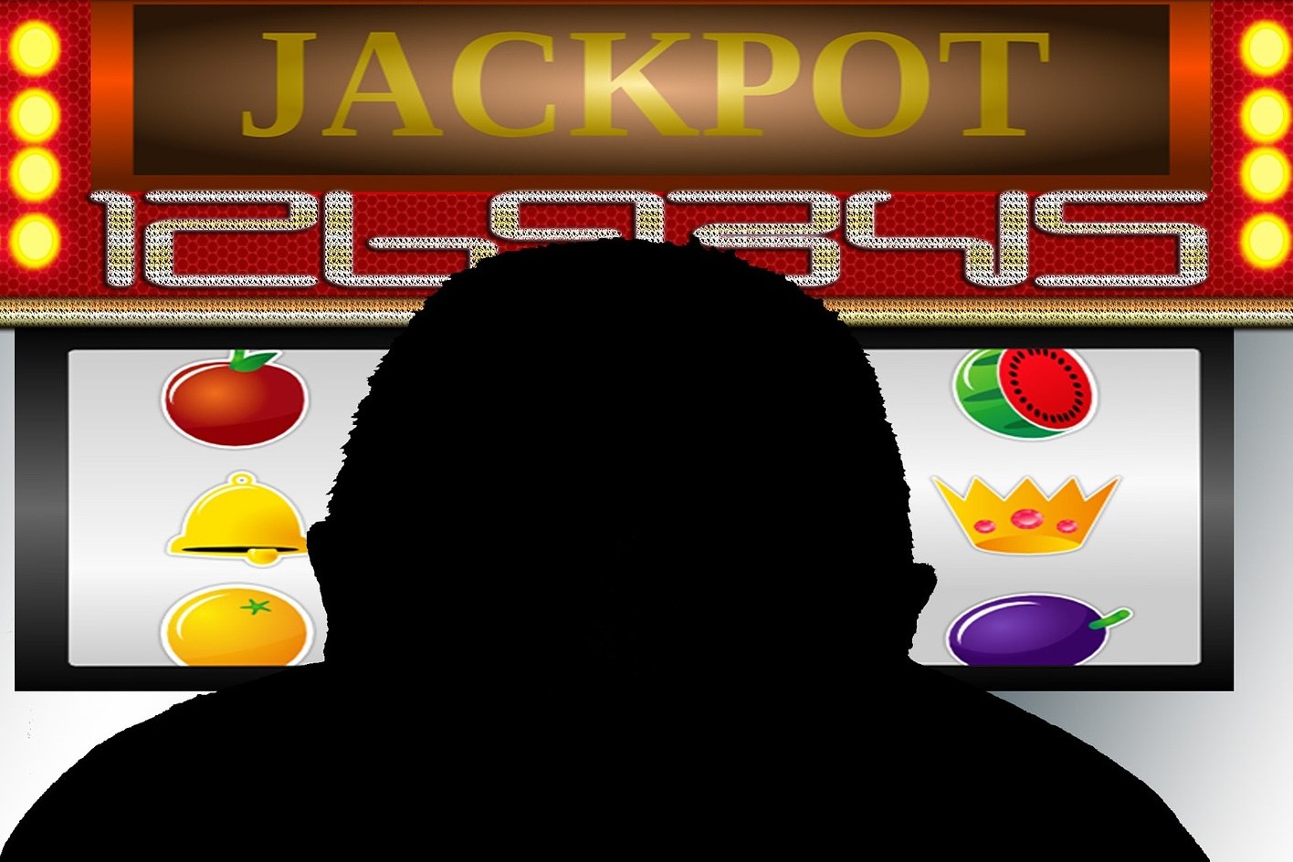 Ein Mann spielt an einem Automaten mit der Aufschrift "Jackpot", umgeben von einer Tafel mit Text und Obstbildern, was auf ein Online-Casinospiel hinweist.