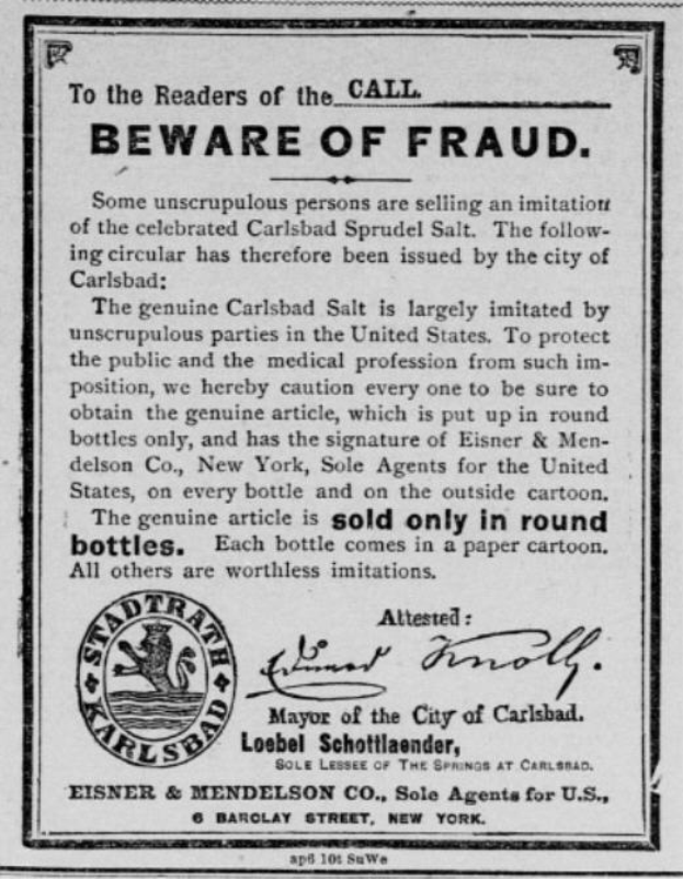 Ein schwarzes und weißes Plakat mit einer Betrugswarnung, das den Text 'Carlsbad Spruud Salt' und ein Firmenlogo zeigt.