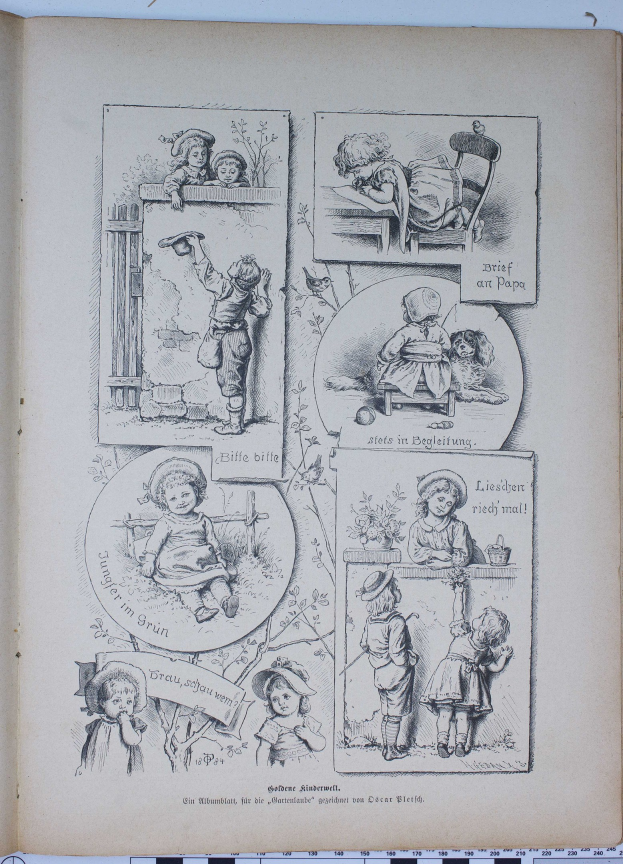 Ein aufgeschlagenes Buch auf einer flachen Oberfläche zeigt eine Zeichnung von Kindern, die in einem üppigen, grünen Garten mit Bäumen und Sträuchern im Hintergrund spielen.