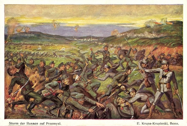 Gemälde, das eine Schlachtenszene mit Männern in Militäruniformen zeigt, einige halten Gewehre, mit dem Text "Sturm der Russen auf Przemysl" unten.