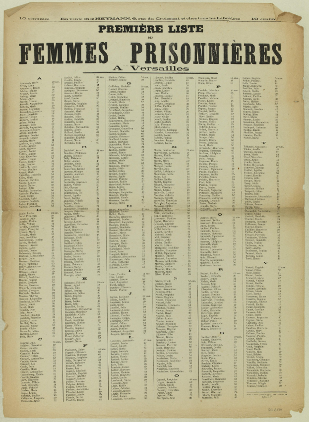 Gelbliches altes Buchseite mit einer Liste von Frauenhäftlingsnamen in zwei Spalten, geschrieben in schwarzer Tinte.