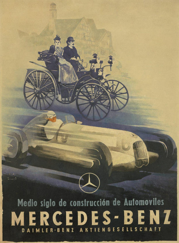 Eine Vintage-Werbung f├╝r Mercedes-Benz aus den 1930er Jahren, die ein Auto mit zwei Personen darin, ein Geb├Ąude im Hintergrund und beschreibenden Text zeigt.