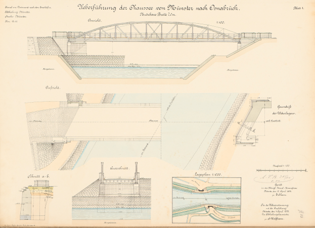 Eine alte Buchseite mit detaillierten Zeichnungen und Texten, die den Bau einer Brücke über einen Fluss und eines Damms zeigen.