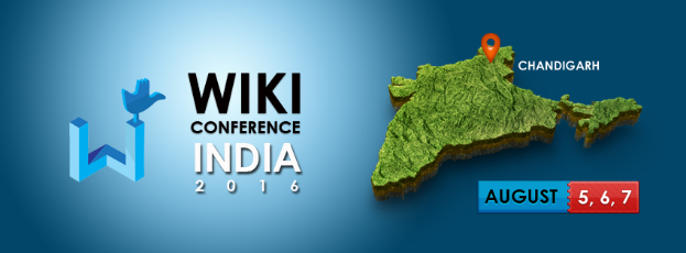 Eine detaillierte Karte von Indien, die den Standort von Chandigarh hervorhebt, mit dem Text "Wiki Conference India 2016" in fetter Schrift deutlich sichtbar.