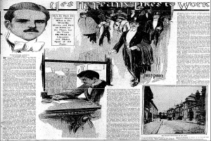 Schwarzes und weißes Bild eines Mannes in Anzug und Krawatte umgeben von kleineren Fotos von Menschen, Gebäuden und Text auf der Titelseite der New York Daily News vom 1. Oktober 1894.