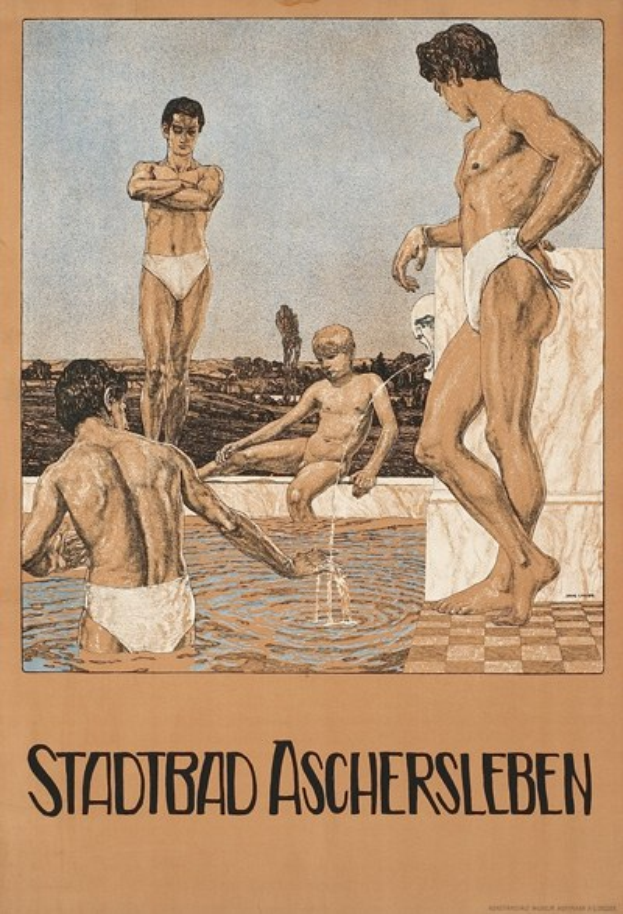 Plakat für ein Schwimmbad in Aschersleben, Deutschland, das Menschen im Wasser zeigt und über die Einrichtungen des Schwimmbads informiert.