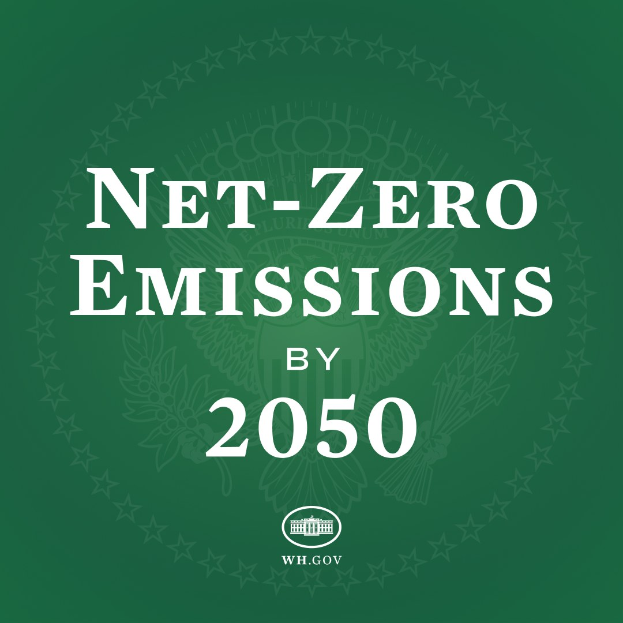 Weißer fetter Text auf grünem Hintergrund mit der Aufschrift "net-zero emissions by 2050."