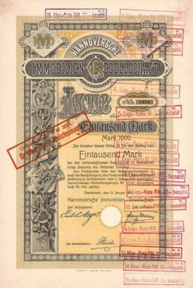 Ein alter deutscher Geldschein mit einem roten Stempel, der Text, Zahlen und weitere Stempel enthält und als Wertpapier der deutschen Regierung ausgestellt ist.