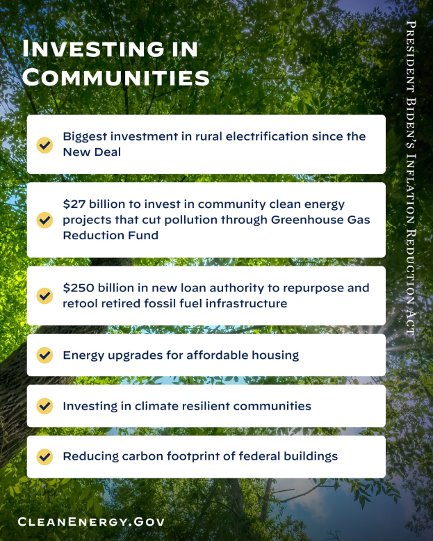 Plakat mit Bäumen und Himmel als Hintergrund und dem Text "Investing in Communities: Biggest Investment in Rural Electricity Since the New Deal".