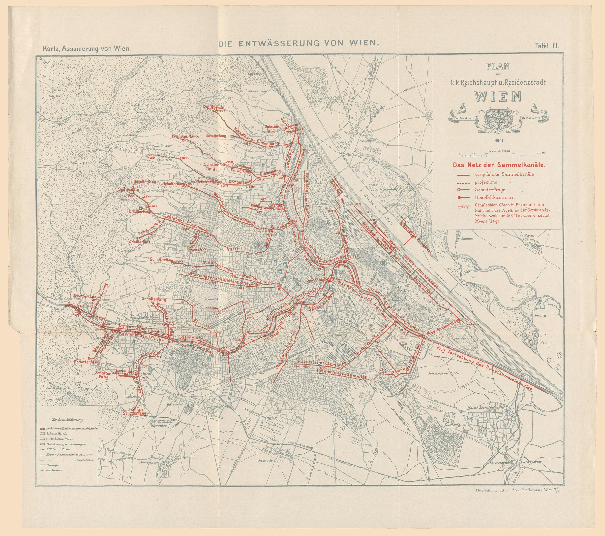 Alte Karte von Wien, Deutschland, mit roten Linien, die eine Bahnroute markieren, auf Papier gedruckt mit handgeschriebener Text.