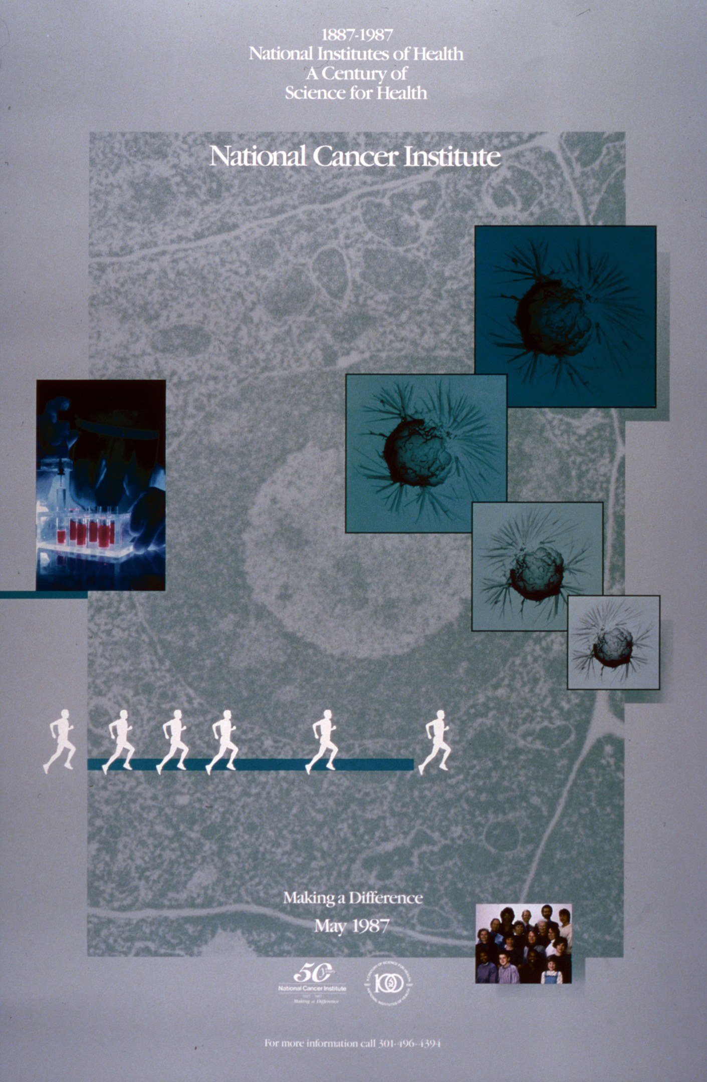 Buntes Plakat mit einem blauen Hintergrund und weißer Schrift, die "National Cancer Institute" in fetter, Großbuchstaben-Schriftart lesen, umgeben von überlappenden Bildern von lächelnden Menschen verschiedenen Alters, Geschlechts und Ethnien, die in einem Kreis angeordnet sind.