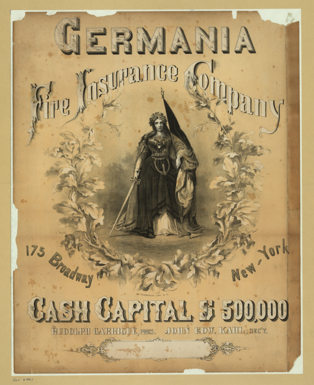 Eine Werbeanzeige für die Germania Feuer-Versicherungsgesellschaft aus dem 19. Jahrhundert, die eine Frau in der Mitte zeigt, umgeben von Text.