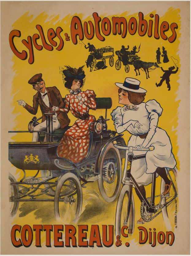 Plakatwerbung für Fahrräder und Automobile in Cottereau und Dijon, Frankreich, mit Menschen, die Fahrräder fahren und eine Kutsche, sowie dem Text "Fahrräder und Automobile" oben drauf.