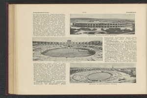 Offenes Buch zeigt Stadionbild neben Text und zusätzlichen Bildern.