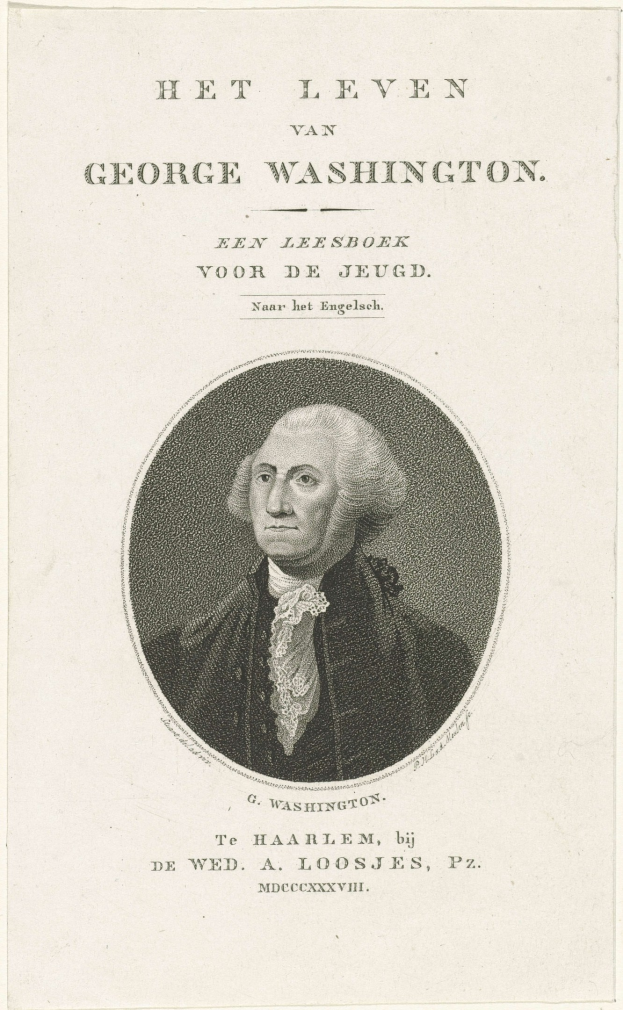 Porträt von George Washington auf Papier mit Text, frontal mit ernstem Gesichtsausdruck, zurückgekämmtes Haar sichtbar.