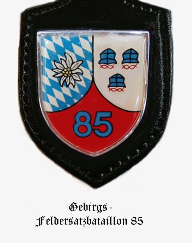 Ein rundes Abzeichen mit der Zahl 85 und deutschem Text, das das Logo des bayerischen Fußballteams darstellt.