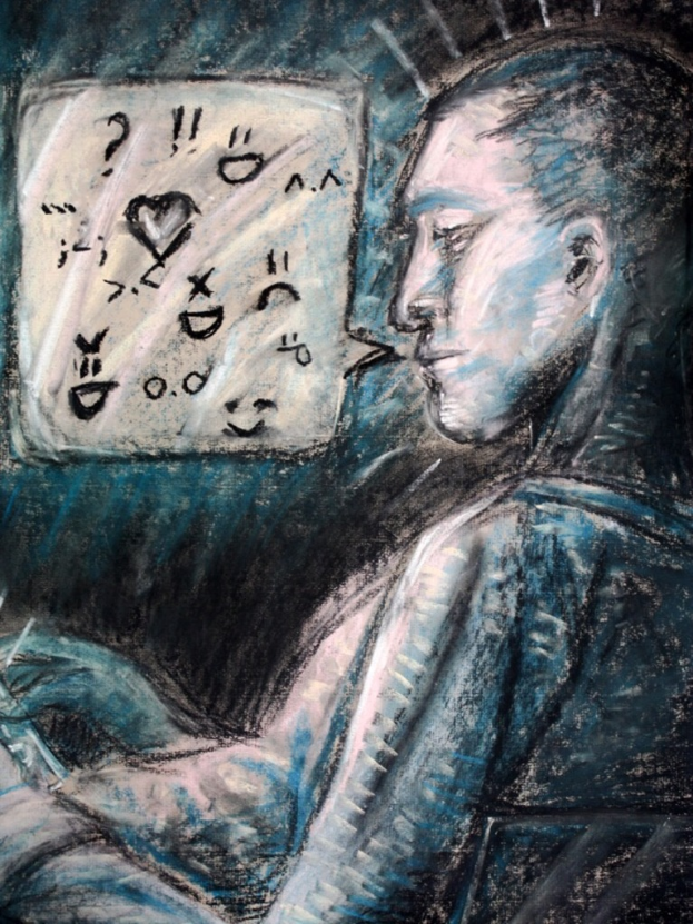 Eine Skizze einer Person, die auf einem Stuhl auf der rechten Seite sitzt, mit einem Dialogtextfeld oben links.