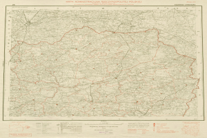Alte Karte Polens mit roter Linie und handgeschriebenem Text auf altem Papier.