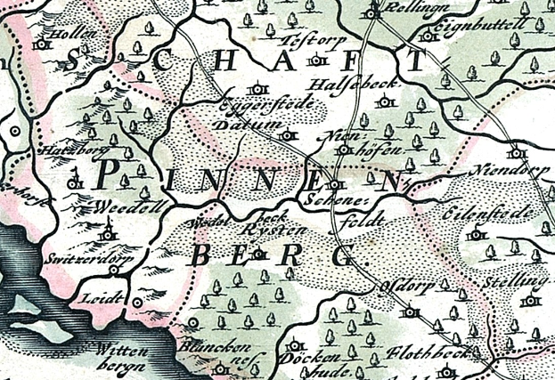 Detailierte alte Karte von Painen, Deutschland, mit Straßen, Gebäuden, Sehenswürdigkeiten und Text mit zusätzlicher Stadtinformation.
