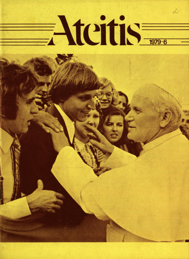 Buchumschlag mit Papst Johannes Paul II und dem Text "Atitis 1979-6", umgeben von einer Gruppe von Menschen.