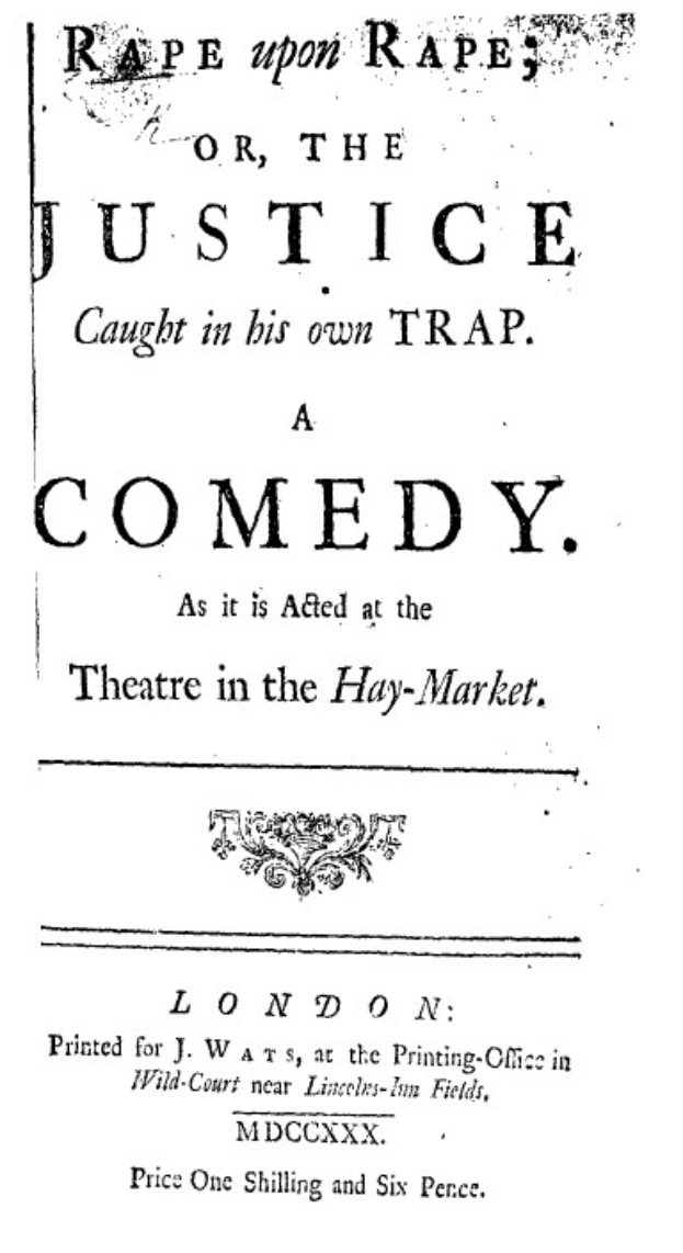 Schwarzes und weißes Plakat mit fetter schwarzer Schrift, die "Vergewaltigung auf Vergewaltigung oder die Gerechtigkeit, die in ihrer eigenen Falle gefangen ist" lautet, wahrscheinlich wirbt für eine Comedy-Show.