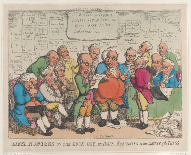 Eine Gruppe von Menschen, die um einen Tisch sitzen und Papiere und Gegenstände halten, einer hält ein Papier in der Hand, mit Text unten: "Libel Hunters on the Look Out, or Daily Examiners of the Liberty of the Press".