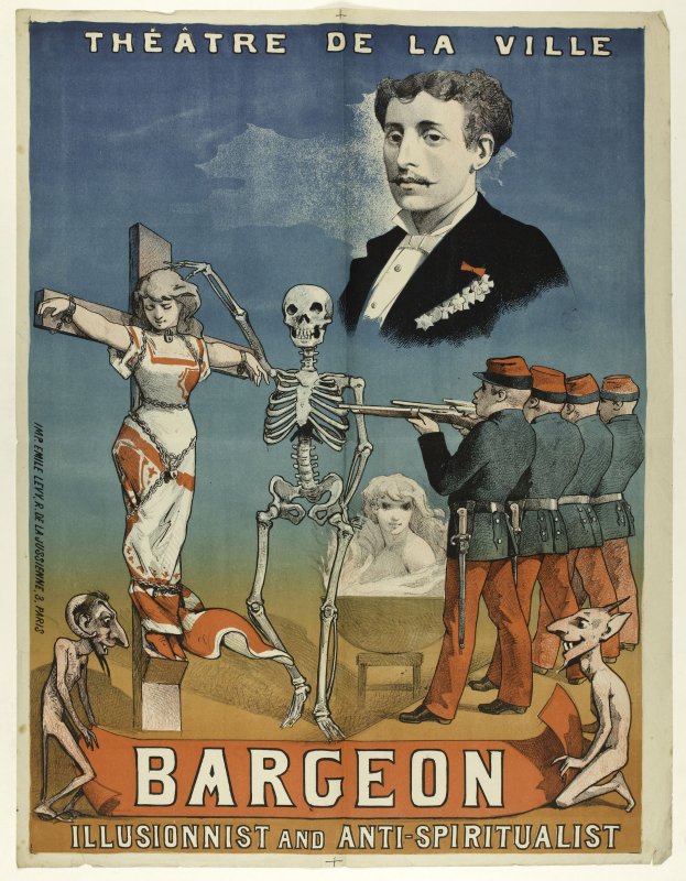 Plakat für das Théâtre de la Ville in Paris mit einem Skelett mit ausgestreckten Armen, umgeben von aufgeregten Menschen, mit fetter Schrift: "Bargeon Illusionist und Anti-Spiritualist".