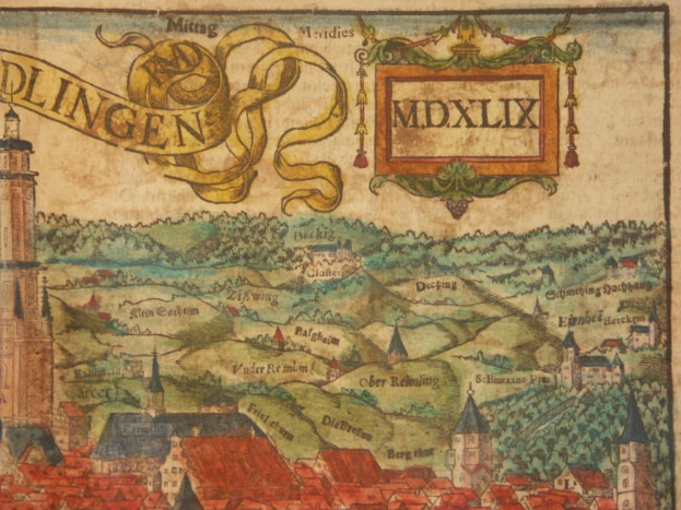 Alte, detaillierte Karte von Dlingen, Deutschland, die Gebäude, Bäume und umliegende Städte mit dekorativem Text auf altem Papier zeigt.