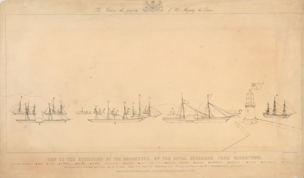 Eine Zeichnung von mehreren Schiffen auf dem Wasser mit einem Leuchtturm im Hintergrund und handgeschriebener Text auf dem Papier.