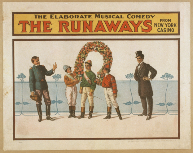 Plakat für "Elaborate Musical Comedy Runaways" aus New York Casino, das eine Gruppe von Menschen in einer Reihe zeigt, wobei einer einen Blumenstrauß hält und Text beschreibt die Komödie.