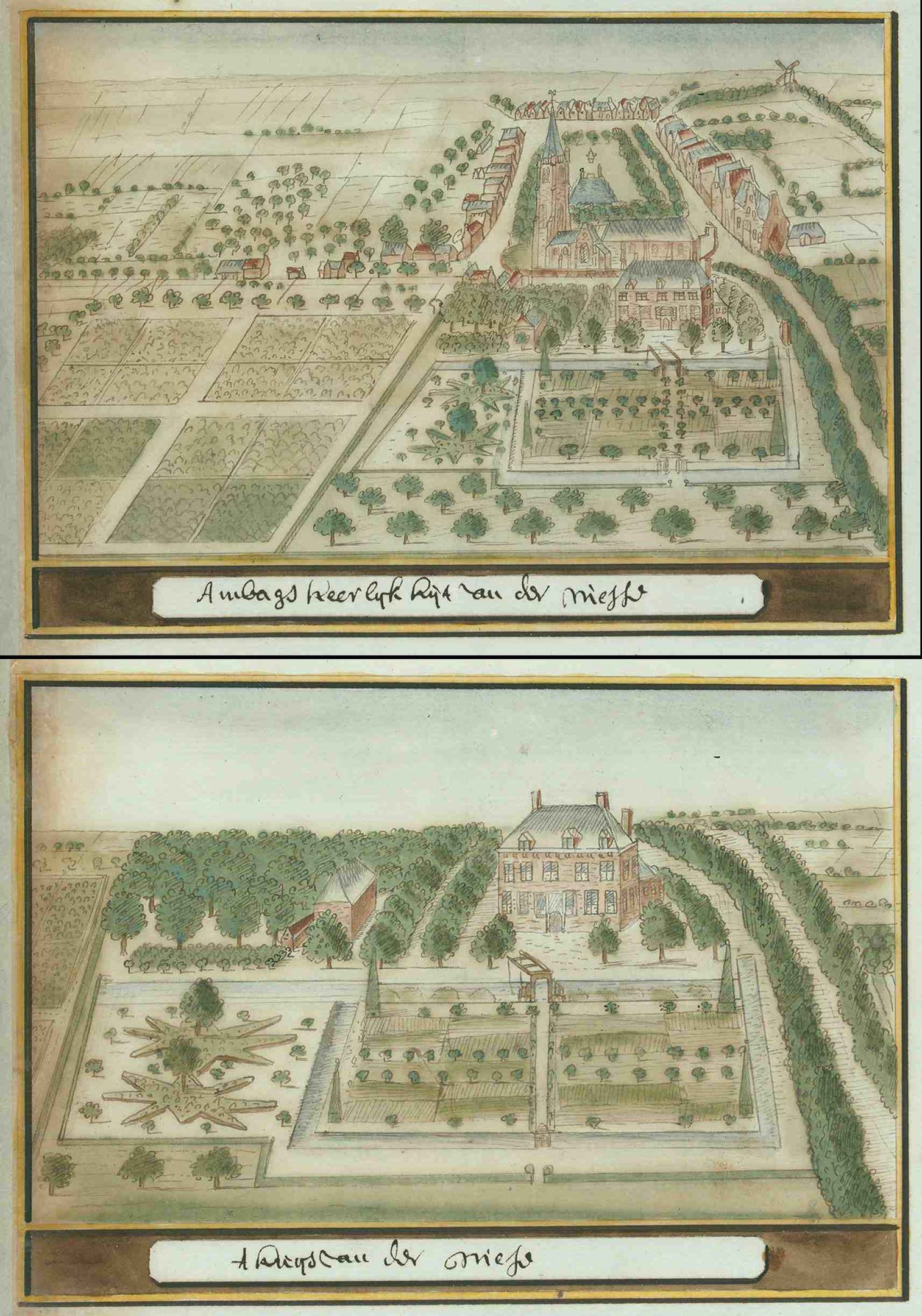 Zwei nebeneinanderliegende Stadtkartenbilder mit dichtem Baumbestand, üppigen grünen Bäumen und leuchtenden Pflanzen, mit handgeschriebener Unterschrift.