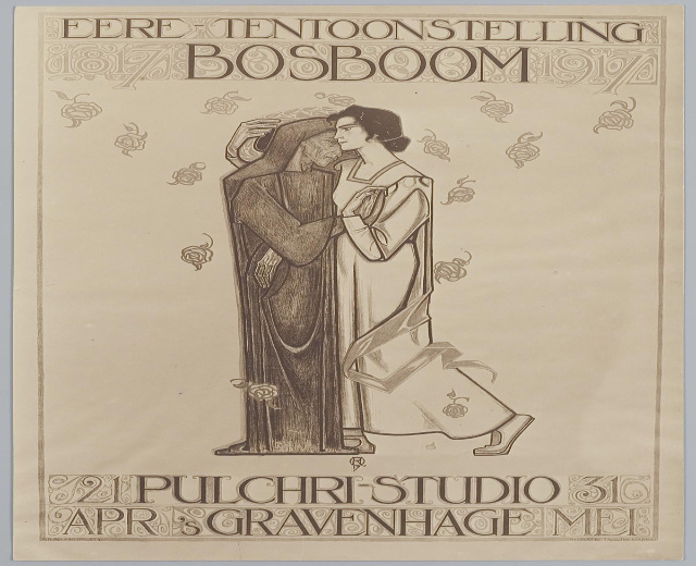 Ein Konzertplakat, das einen Mann in einem Anzug und eine Frau in einer Schürze zeigt, die Seite an Seite mit ernsten Gesichtern stehen, begleitet von Texten, die das Ereignis beschreiben.