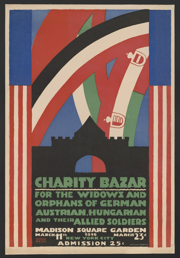 Charity-Bazaar-Plakat für die Witwen und Waisen deutscher, australischer, ungarischer und alliierter Soldaten mit Text.