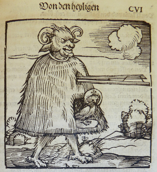 Ein Druck eines Tieres, Bäume und Wörter auf einem Stück Papier.