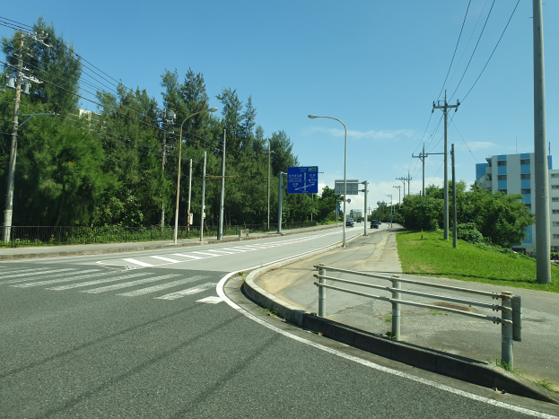 Eine vielbefahrene Hauptstra├če mit Fahrzeugen, Laternen, Strommasten mit Kabeln, Texttafeln, Gel├Ąndern, Gras, B├Ąumen, Geb├Ąuden mit Fenstern und einem bew├Âlktem Himmel im Hintergrund.