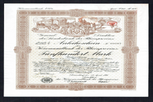 Ein altes Wertpapier in einem Rahmen, das einen Mann im Anzug und Krawatte zeigt, mit Text, der darauf hinweist, dass es eine Anleihe ist.