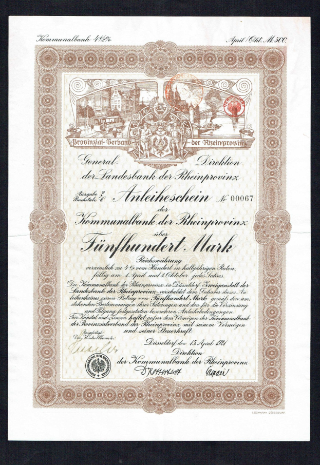 Ein altes Wertpapier in einem Rahmen, das einen Mann im Anzug und Krawatte zeigt, mit Text, der darauf hinweist, dass es eine Anleihe ist.