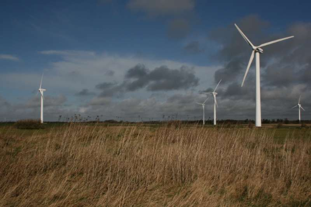 Ein Windkraftanlagenfeld auf einer grünen Wiese mit Bäumen im Hintergrund und Wolken am Himmel, mit Textangabe Niederlande.