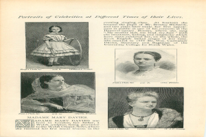 Ein altes Buch, das auf einer Seite mit Text und Bildern von Frauen aufgeschlagen ist und einen Einblick in deren Leben gewährt.