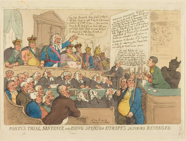 Cartoon-Illustration eines Gerichtssaals mit einem zentralen stehenden Mann, einer sitzenden Jury und einem Tisch mit Gegenständen, betitelt "Boney's Trial, Sentence, and Dying Speech Europe's Injuries Revenged."