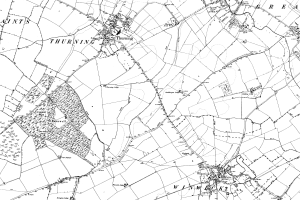 Eine detaillierte Schwarz-Weiß-Karte von Thurning aus dem Jahr 1897, die Linien und Text enthält, um das Stadtlayout darzustellen.