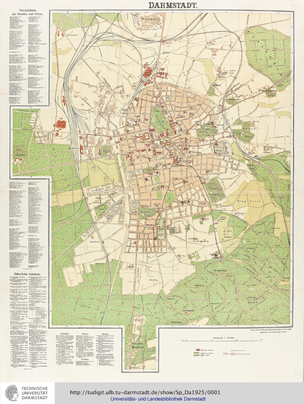 Ein detaillierter alter Stadtplan von Darmstadt, Deutschland, der Straßen, Gebäude, Sehenswürdigkeiten und Text enthält, der Informationen über die Bevölkerung, Sehenswürdigkeiten und Straßen der Stadt bereitstellt.