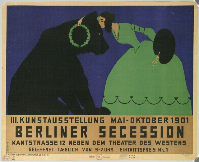 Plakat der Berliner Secession mit einer Frau in einem grünen Kleid und einem Mann in einem schwarzen Anzug, mit Text zur Beschreibung des Ereignisses.
