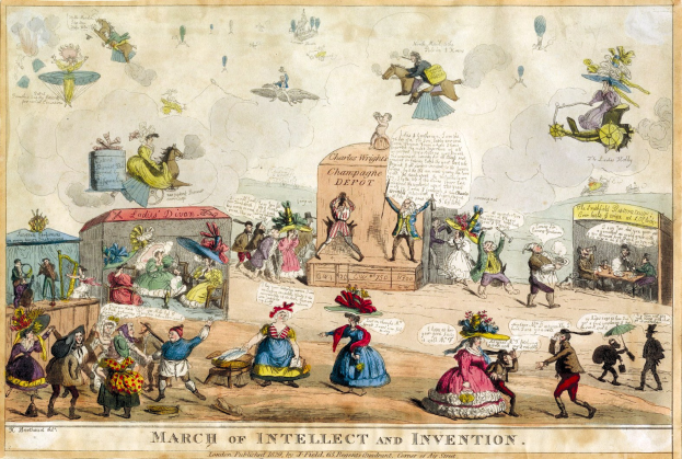 Ein Plakat, das eine lebhafte GruppenDiskussion über Intellekt und Erfindung zeigt, mit einigen Personen, die gestikulieren und Gegenstände untersuchen, und fettem Text, der die Bedeutung des Ereignisses betont.