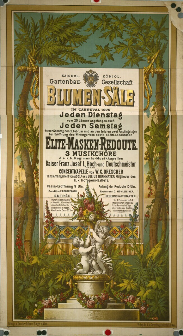 Ein Vintage-Konzertplakat mit Text, Bäumen, Pflanzen, Blumen und einer Statue, in einem Waldgebiet.