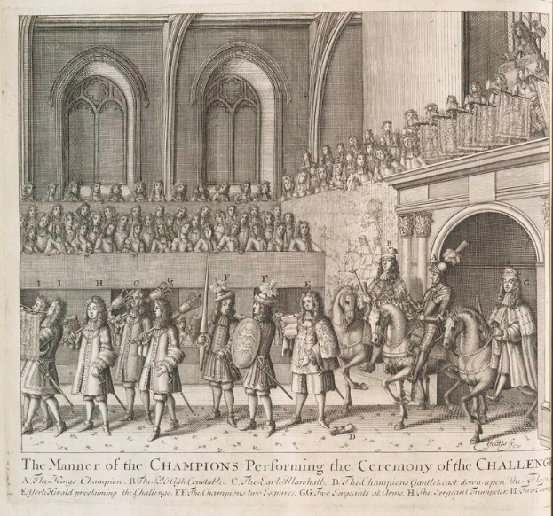 Eine Zeichnung einer Gruppe von Menschen, einige auf Pferden, die eine Zeremonie vor einer Menge und einem Gebäude durchführen, mit Text unten, der "Die Art und Weise der Champions, die Zeremonie der Herausforderung durchführen" liest.