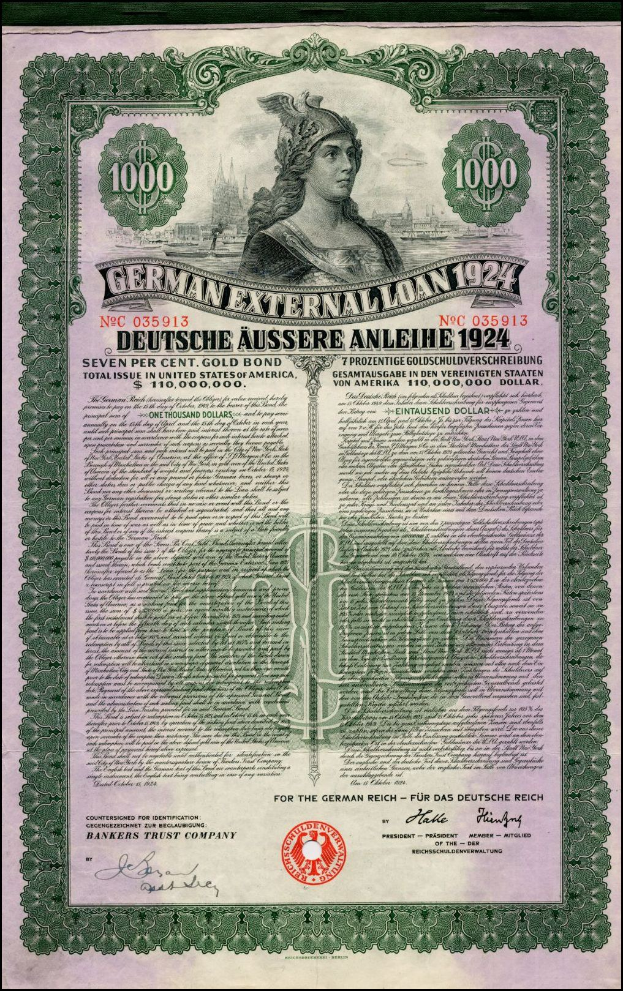 Deutsches Auslandsdarlehen-Dokument aus dem Jahr 1924 mit einem Frauenporträt, bedrucktem Text und numerischer Bezeichnung.
