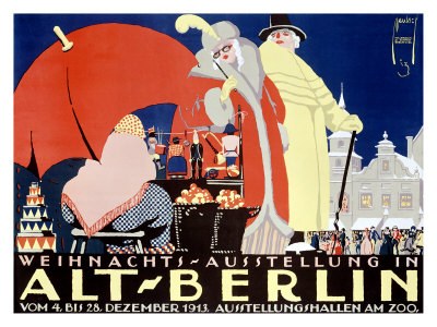 Plakat zur Weihnachtsausstellung in Alt-Berlin mit leuchtenden Illustrationen von Menschen, Gebäuden und Gegenständen und dem Text "Weihnachtsausstellung in Alt-Berlin" oben.
