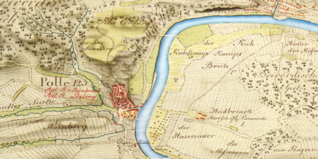 Ein detaillierter alter Stadtplan von Polle, Deutschland, mit Straßen, Gebäuden und einem Fluss, der durch die Stadt fließt.