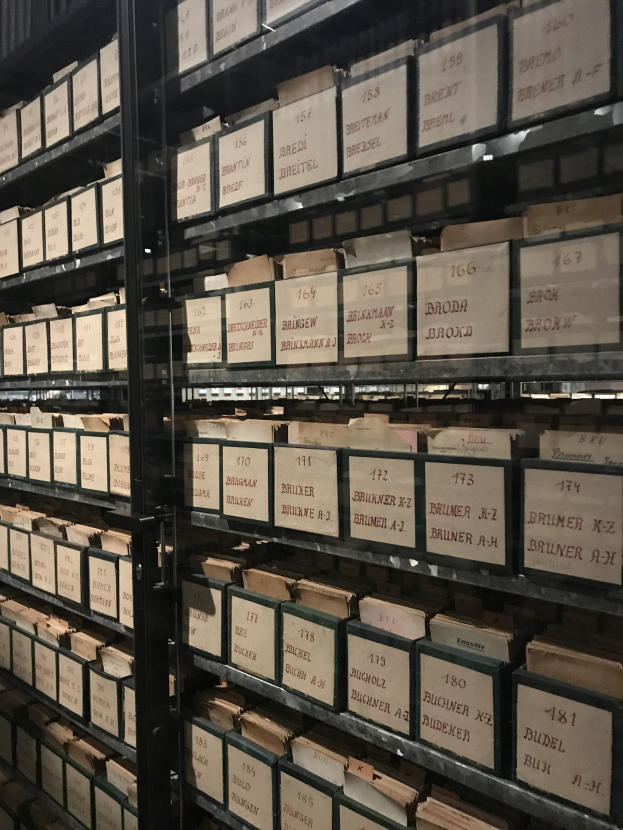 Großes Lager mit ordentlich gestapelten Kisten, die bedruckten Text enthalten und verschiedene Artikel anzeigen.